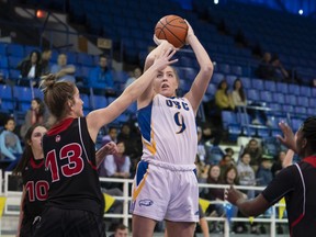 Thunderbirds forward Keylyn Filewich takes a shot against the University of Winnipeg Wesmen during last season's U Sports Canada West playoff game in at UBC.