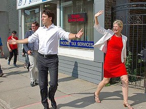 MP Leona Alleslev campaigns in June, 2015 with Liberal leader Justin Trudeau before crossing the floor to join the Conservative Party of Canada.