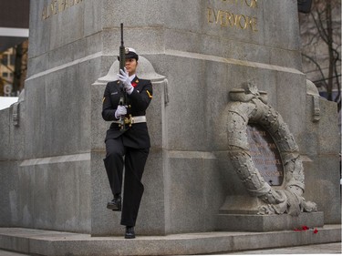 A sentry prepares to stand guard during Remembrance Day ceremony at Victory Square  in Vancouver, BC, November 11, 2019.