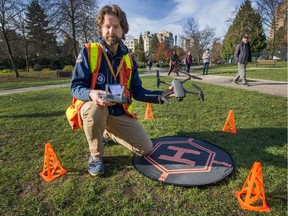 Eric Saczuk, geomatics instructor and researcher at the B.C. Institute of Technology, with his drone in Vancouver on Nov. 13.
