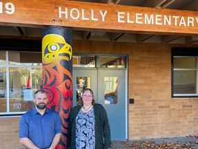 Andrew Shook, principal of of Holly Elementary School, and parent Shauna Milne, at the school in Surrey.