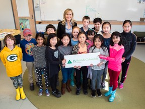 Sheila Biggers, president and CEO of JA British Columbia, with students learning financial literacy skills.