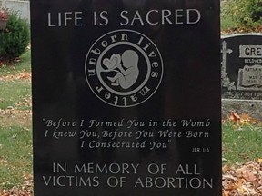 The Knights of Columbus in Belleville erected a memorial for "victims of abortion" at a cemetery in Belleville, Ont.