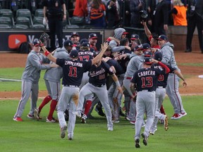 Washington Nationals players celebrate on the field after defeating the Houston Astros in Game 7 of the 2019 World Series at Minute Maid Park on Wednesday, Oct. 30.