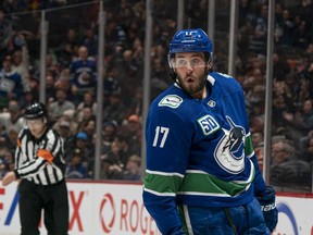 Canucks winger Josh Leivo celebrates after scoring a goal against the Edmonton Oiler in a Dec. 1, 2019 NHL game at Rogers Arena.