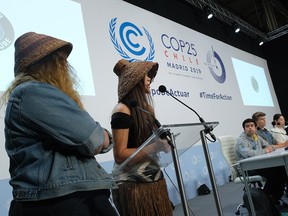 Kalilah Rampanen (L) and Takalya Blaney of the Canadian indigenous Tla'amin Nation speak at the Fridays for Future press conference on day three at the UNFCCC COP25 climate conference on December 4, 2019 in Madrid, Spain. The conference brings together world leaders, climate activists, NGOs, indigenous people and others together for two weeks in an effort to focus global policy makers on concrete steps for heading off a further rise in global temperatures.