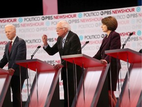 Democratic presidential candidate Sen. Bernie Sanders (I-VT) (2nd L) speaks as former Vice President Joe Biden (L), Sen. Amy Klobuchar (D-MN) and Tom Steyer listen during the Democratic presidential primary debate at Loyola Marymount University on December 19, 2019 in Los Angeles, California. Seven candidates out of the crowded field qualified for the 6th and last Democratic presidential primary debate of 2019 hosted by PBS NewsHour and Politico.