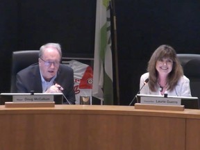 Mayor Doug McCallum admonishes the gallery at a Surrey council meeting on Monday.