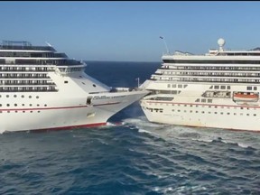 Carnival Glory cruise ship crashes into Carnival Legend at Cozumel cruise port, Mexico Dec. 20, 2019 in this still image taken from a video obtained from social media. (Matthew Bruin via REUTERS)