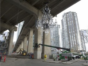 The Spinning Chandelier hanging under the Granville Street Bridge.