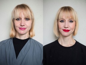 Alex Stockman-Chen before, left, and after her makeover with Nadia Albano.