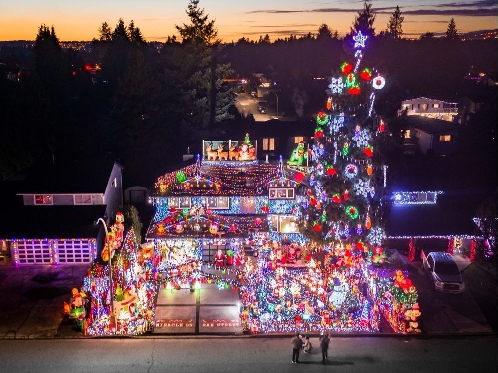  Homeowner Dale Brindley’s holiday display the Miracle on Rae Street, located at 3313 Rae Street, Port Coquitlam, is pictured in this undated aerial drone photo submitted in December 2019.