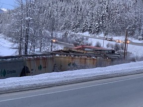 CN Rail says an estimated 26 railcars derailed about 30 kilometres east of Mount Robson, near the Alberta boundary.
