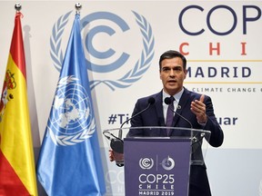 Spanish Prime Minister Pedro Sanchez holds a joint press conference with the United Nations secretary-general during the UN Climate Change Conference COP25 at the 'IFEMA - Feria de Madrid' exhibition centre in Madrid on Dec. 2, 2019.