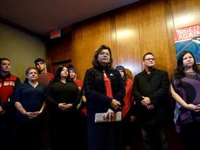 Chief Leah George-Wilson (centre) attends a briefing with other First Nations chiefs and Coast Salish drummers, ahead of Federal Court of Appeal hearings on the Trans Mountain Pipeline in Vancouver, British Columbia, Canada December 16, 2019.