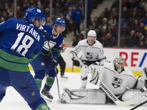 Vancouver Canucks #18 Jake Virtanen scores unassisted on LA Kings goalie Jonathan Quick in a regular season NHL hockey game at Rogers Arena, Vancouver, December 28 2019.