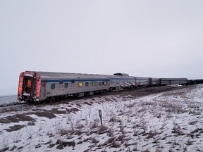 The scene of a VIA passenger train derailment near Katrime, Man., is shown in this Tuesday, Dec. 31, 2019 handout photo.