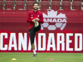 Lucas Cavallini of the Canadian National Mens soccer team takes to the field at BC Place for a FIFA practice,  Vancouver March 24 2016.