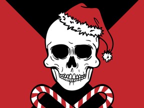 Front view of a human skull with a red Christmas hat, an evil Santa Claus above crossed candy canes in a two colored background