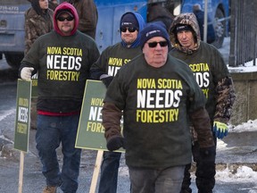 Forestry sector stand outside the legislature in Halifax during a union-sponsored rally on Thursday Dec. 19, 2019. The premier of Nova Scotia is expected to issue a decision today on the fate of an aging pulp mill that supports thousands of jobs across the province.