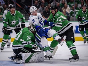 Jake Virtanen of the Vancouver Canucks, pushed into Stars' netminder Ben Bishop during NHL action last month in Dallas, wants to prove he belongs in the NHL and in his home province.