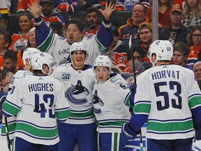 The Vancouver Canucks celebrate a goal by forward Loui Eriksson against the Edmonton Oilers at Rogers Place on Nov. 30.