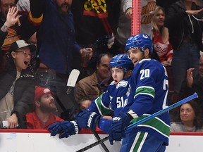 Brandon Sutter, right, celebrating a goal against Detroit with teammate Troy Stecher earlier this season, appears ready to rejoin the NHL team, perhaps as early as Saturday night in San Jose, Calif.