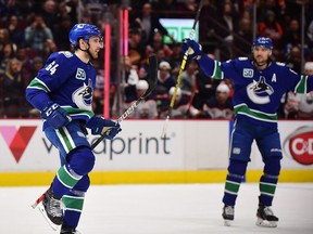 Dec 23, 2019; Vancouver, British Columbia, CAN; Vancouver Canucks forward Tyler Motte (64) celebrates his goal against Edmonton Oilers goaltender Mikko Koskinen (19) (not pictured) during the first period at Rogers Arena. Mandatory Credit: Anne-Marie Sorvin-USA TODAY Sports