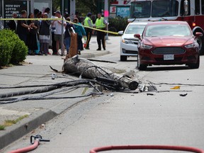 Accident on June 2, 2018, at Scottt Road and 80th St., at about 1 p.m. Ford Flex  struck multiple vehicles at the intersection before rolling onto its roof and shearing a power pole bringing live wires down onto the roadway and vehicle trapping the driver.