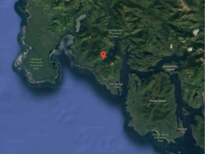 A plane crashed on Dec. 22, 2019, near Stewardson Inlet (red marker) on the west coast of Vancouver Island. [PNG Merlin Archive]