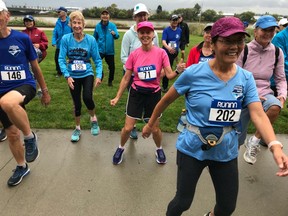 Joan Young, right, and Gwen McFarlan (No. 135) are two of the co-founders of the Richmond-based Forever Young Club. They took part in the fifth annual FY8K in September where the 85-year-old McFarlan set an unofficial world record. (Gord Kurenoff photo)