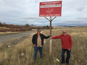 Rick McGowan and long-time neighbour Harry Little, on the Douglas Lake ranch.