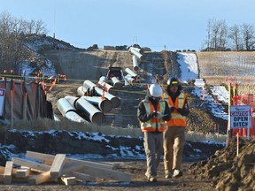 Pipe for the Trans Mountain expansion is ready to be put in the ground just west of Edmonton on Dec. 3, 2019.