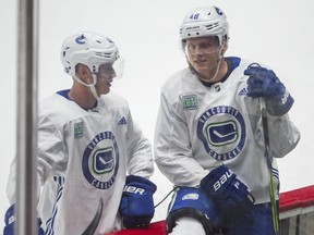 Olli Juolevi (right) with Elias Pettersson at Canucks practice September 4, 2019.
