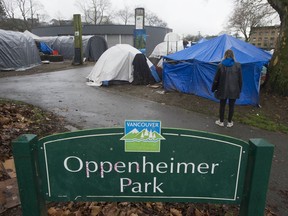 Vancouver, BC: DECEMBER 13, 2019 -- Tent city at Oppenheimer Park in Vancouver, BC Friday, December 13, 2019. A man was sent to hospital late Thursday afternoon after a shooting in the park.