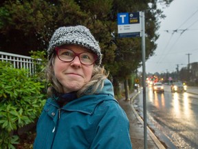 Amy Hanser at a bus stop in Vancouver. She is a UBC social scientist who studies human behaviour on buses.