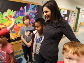 Former CTV reporter Renu Bakshi meeting students at Brechin Elementary in Nanaimo, the school she has adopted.