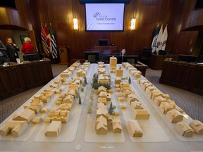 Kitsilano building's wooden scale model in the middle of Council chambers at Vancouver City Hall
