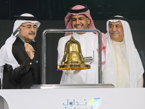 Amin H. Nasser, President and CEO of Aramco, rings the bell during the official ceremony marking the debut of Saudi Aramco's initial public offering on the Riyadh's stock market, in Riyadh, Saudi Arabia on Wednesday.