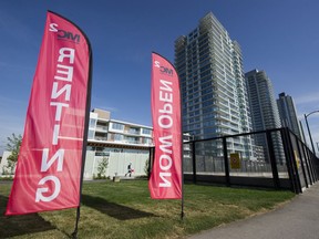 Rental advertising in 2016 for apartment towers near the Canada Line station at Cambie Street and Marine Drive. The City of Vancouver could ease zoning requirements to encourage purpose-built rental development.