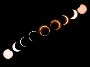 This composite image shows the moon as it moves in front of the sun in a rare "ring of fire" solar eclipse as seen from Tanjung Piai in Malaysia, Thursday, Dec. 26, 2019.