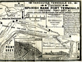 Illustration of a proposal for Spanish Bank port terminals along the foreshore at Point Grey, circa 1910. Item shows Point Grey harbour facilities and industrial lands, the Jericho naval reserve and golf links through a combination of a map and illustrations. A smaller key plan shows the location of the Vancouver Terminals Company's harbour properties in relation to the rest of Point Grey and Vancouver.