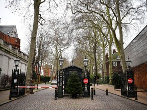 A general view of the security gates at Palace Green, the location of Tamara Ecclestone's home in Kensington , on December 16, 2019 in London, England. Thieves have stolen jewellery reportedly worth £50m from the home of Tamara Ecclestone. The Formula 1 heiress is currently on holiday in Lapland.