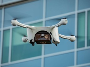 A UPS drone makes a Flight Forward medical delivery on WakeMed Health & Hospitals' main campus in Raleigh, North Carolina, U.S. in an undated photo.