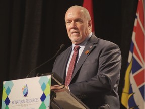 Premier John Horgan delivers a keynote speech, which was mostly a tribute to the importance of B.C.'s resource industries to the prosperity of the province, despite challenges.