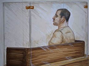 Reza Moazami is shown the prisoner's box in a Vancouver court, Sept. 25, 2013 in this court drawing.