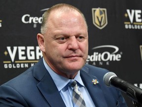Head coach Gerard Gallant of the Vegas Golden Knights speaks during a news conference following the team's 3-1 victory over the Edmonton Oilers at T-Mobile Arena on April 1, 2019 in Las Vegas, Nevada.
