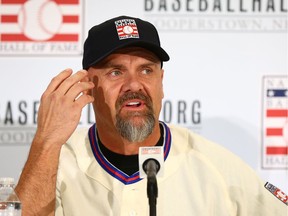 Larry Walker speaks to reporters after being elected into the National Baseball Hall of Fame Class of 2020 on Wednesday at the St. Regis Hotel in New York City. The National Baseball Hall of Fame induction ceremony will be held on Sunday, July 26, 2020 in Cooperstown, N.Y.
