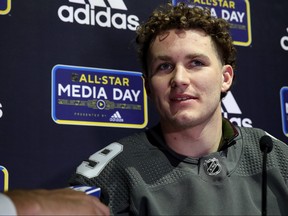Calgary Flames Matthew Tkachuk speaks to the press during Media Day for the 2020 NHL All-Star at Stifel Theatre on January 23, 2020 in St Louis. (Bruce Bennett/Getty Images)