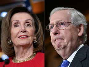 This combination of pictures created on December 23, 2019 shows Speaker of the House Nancy Pelosi at a press conference on Capitol Hill in Washington, DC, December 19, 2019 and US Senate Majority Leader Mitch McConnell (R-KY) at a media availability on November 7,2018 on Capitol Hill in Washington,DC.